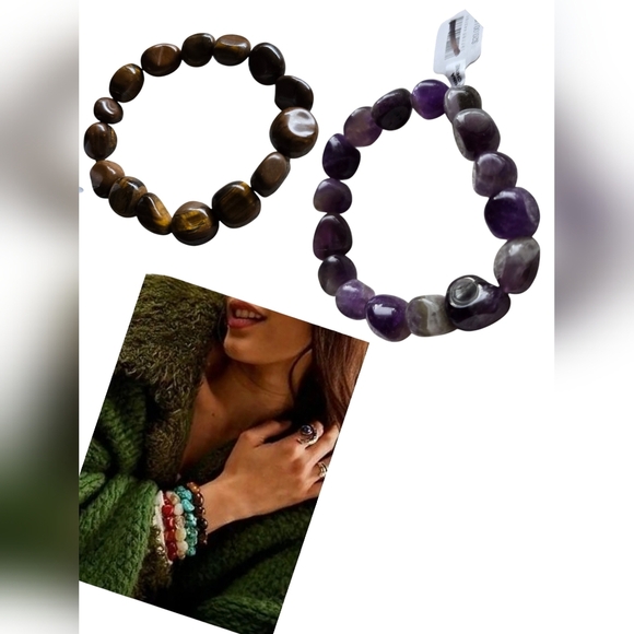FREE PEOPLE,  Crystal Stretch Energy Stone Bracelets, Set of 2 - NEW! - Picture 1 of 11